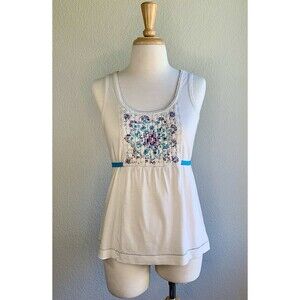 Anthropologie Tank Top Tee Shirt Womens Ivory Colorful Basket Weave Weaved Small